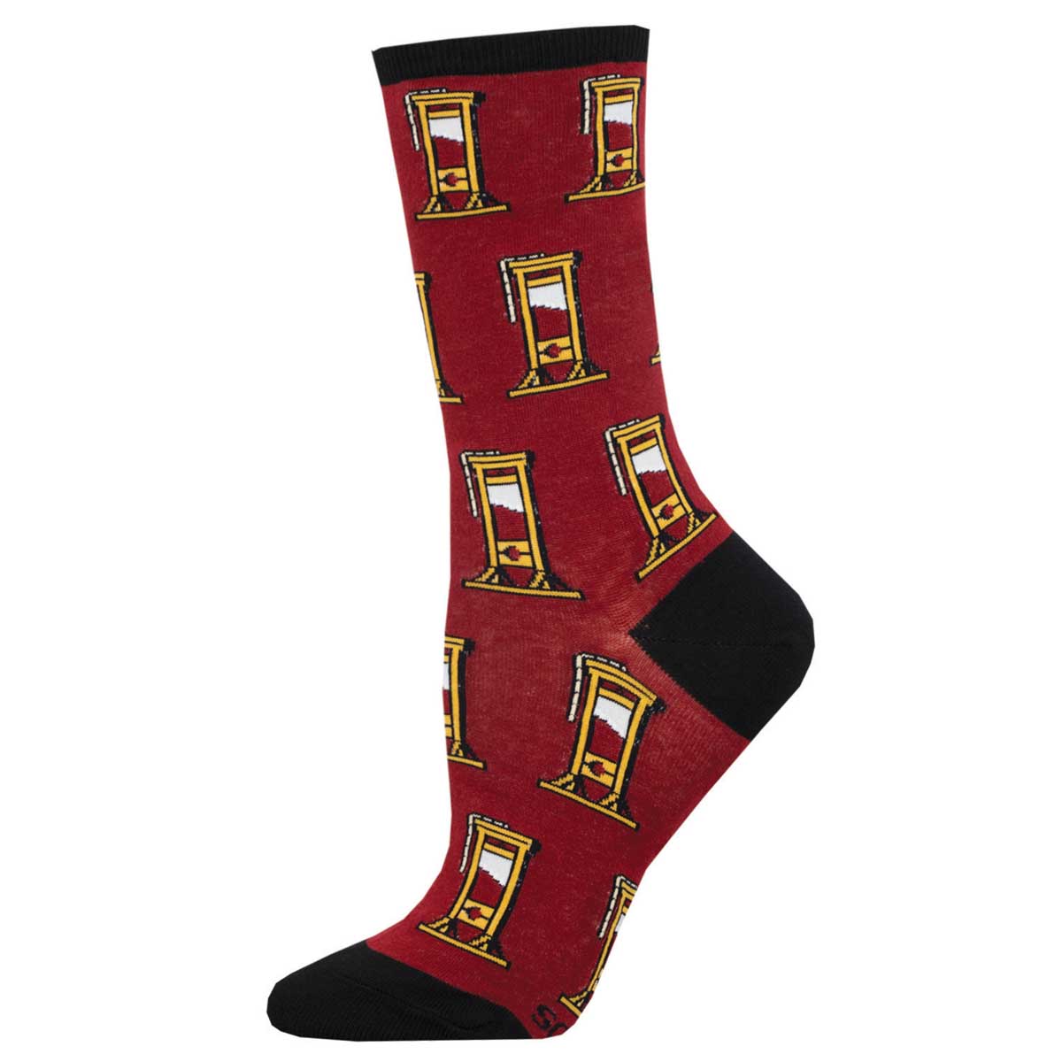 A pair of red cotton crew socks with a unique design featuring what appears to be a guillotine on each foot area.