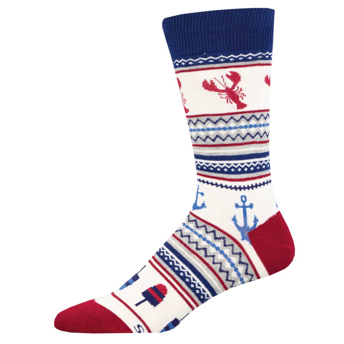 A pair of men's crew socks with a fair isle pattern featuring lobsters, anchors, and geometric designs in red, white, and blue.