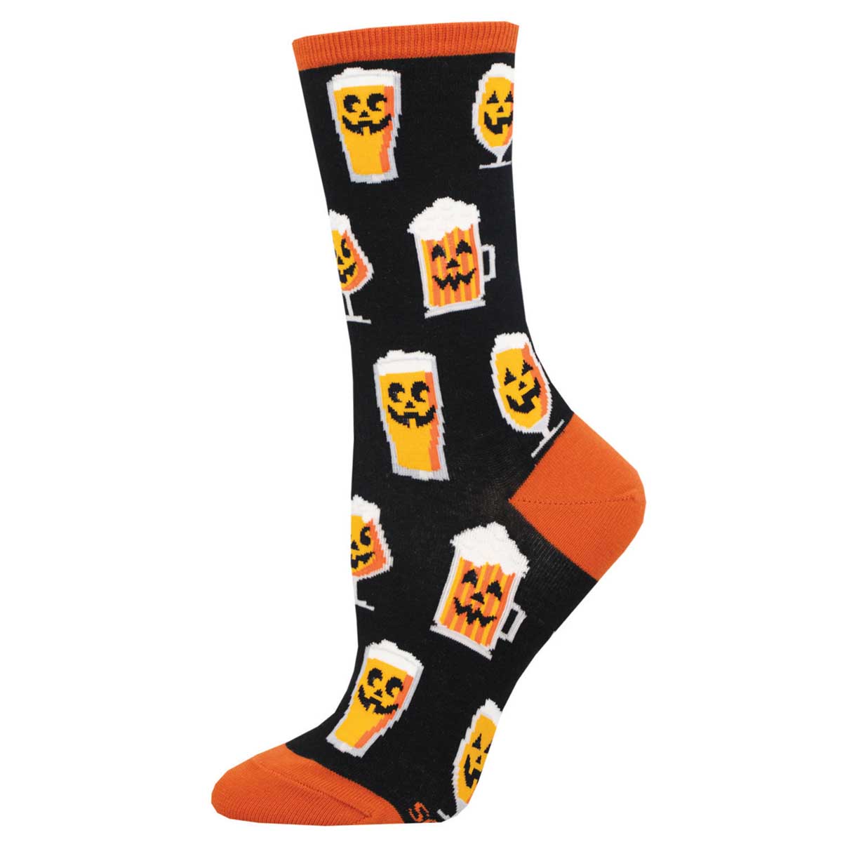 A pair of women's socks with a pattern of pumpkin faces and beer glasses on a black background with orange trim.