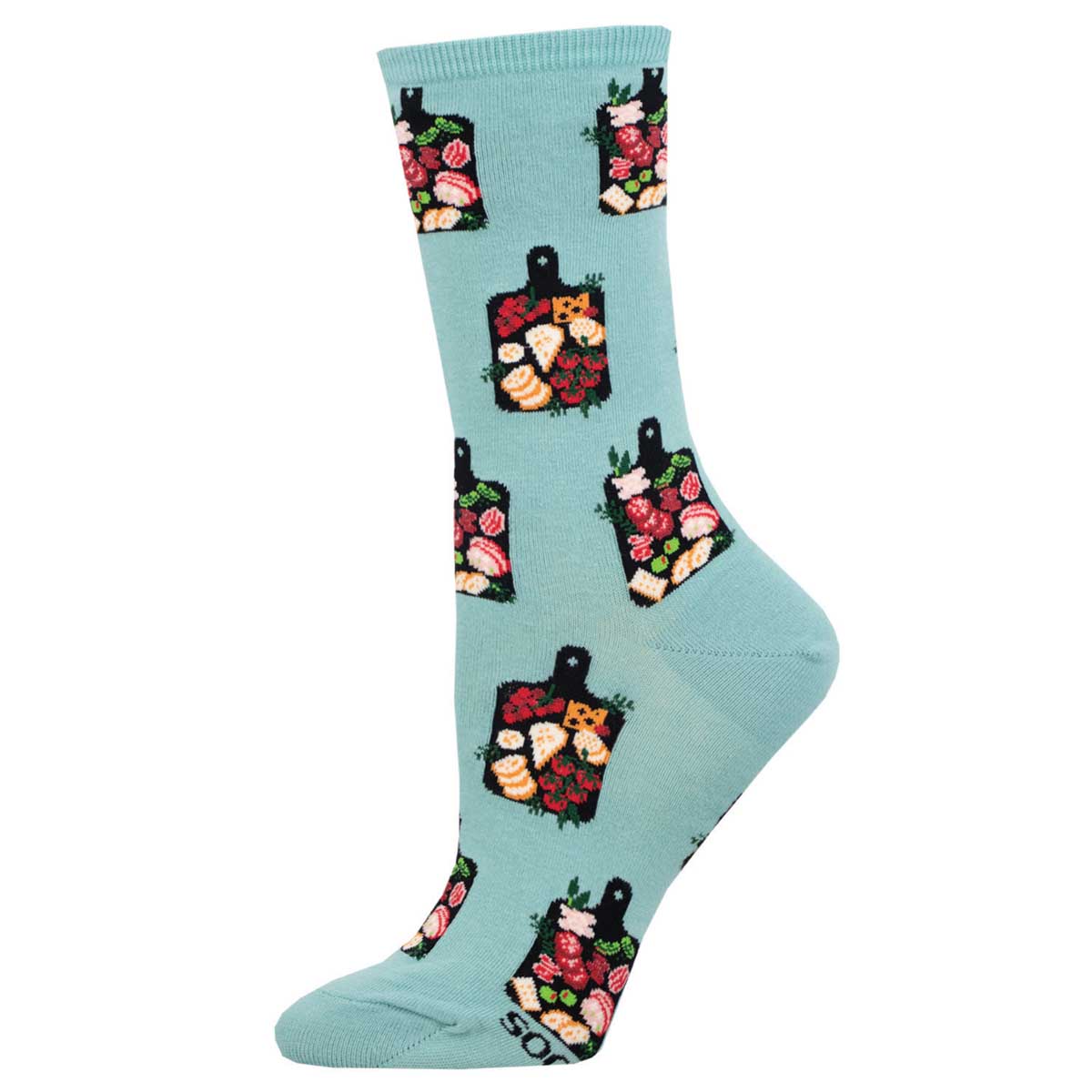 A pair of light blue crew socks with a pattern of various food items like meat, cheese, and crackers.