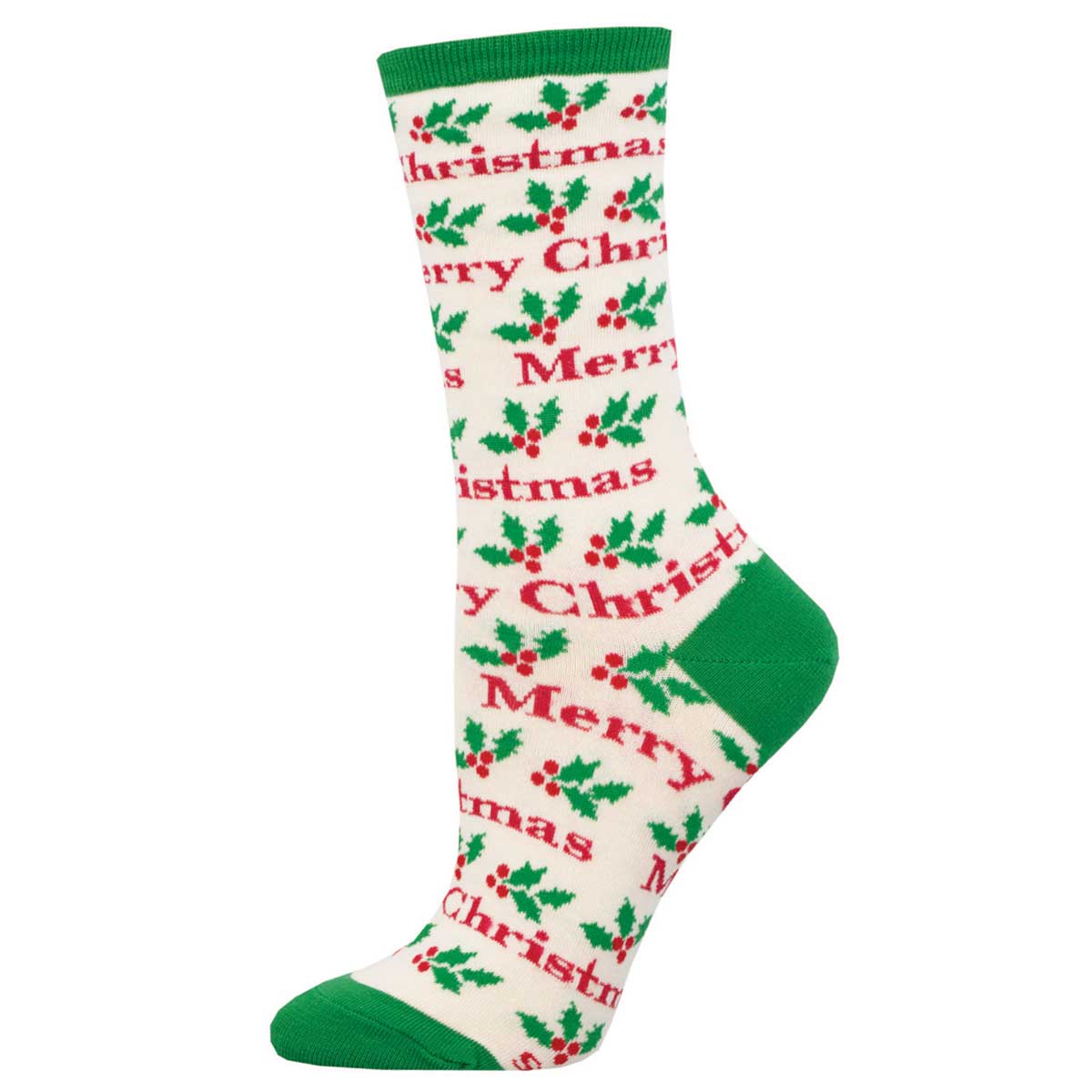 A pair of Christmas-themed women's crew socks with 'Merry Christmas' text and holly patterns, predominantly ivory with red accents.