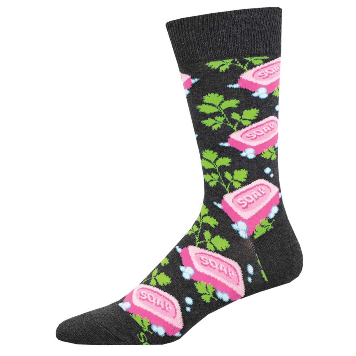 A pair of gray cotton crew socks with a pattern of cilantro and pink bars of soap.