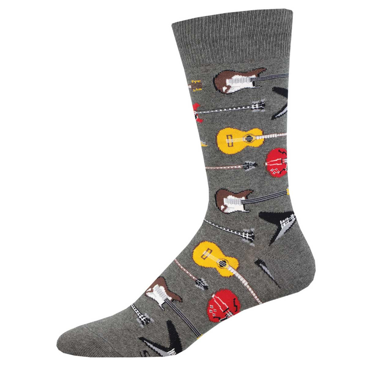 A pair of gray cotton crew socks with a pattern of various guitars.