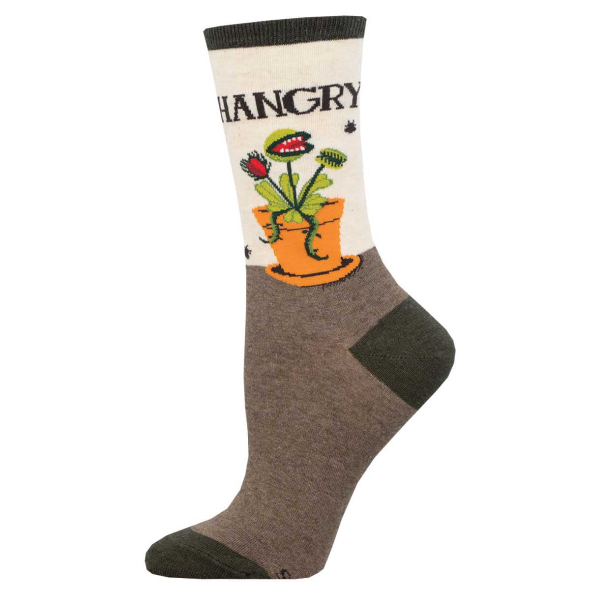 A pair of women's crew socks with a graphic venus fly trap design featuring the text "Hangry". The socks have a beige heel, toe, and cuff, with the rest in a brown color.