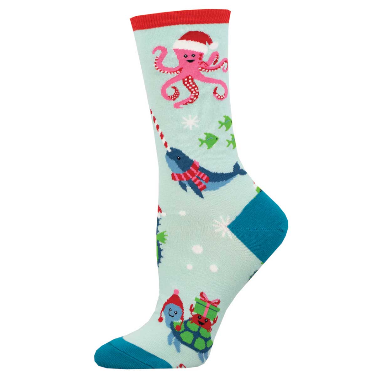 A pair of colorful Christmas-themed crew socks featuring sea creature designs, predominantly in green with other colors representing the holiday spirit.