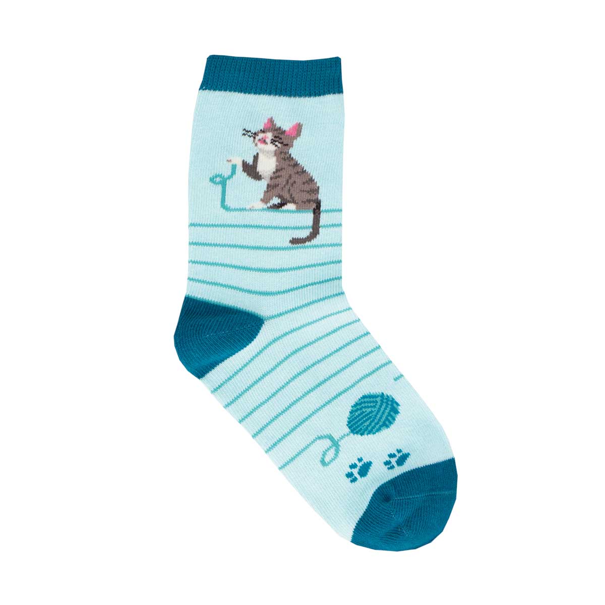 A pair of kids' socks with a striped pattern and a cartoon cat design, predominantly blue.