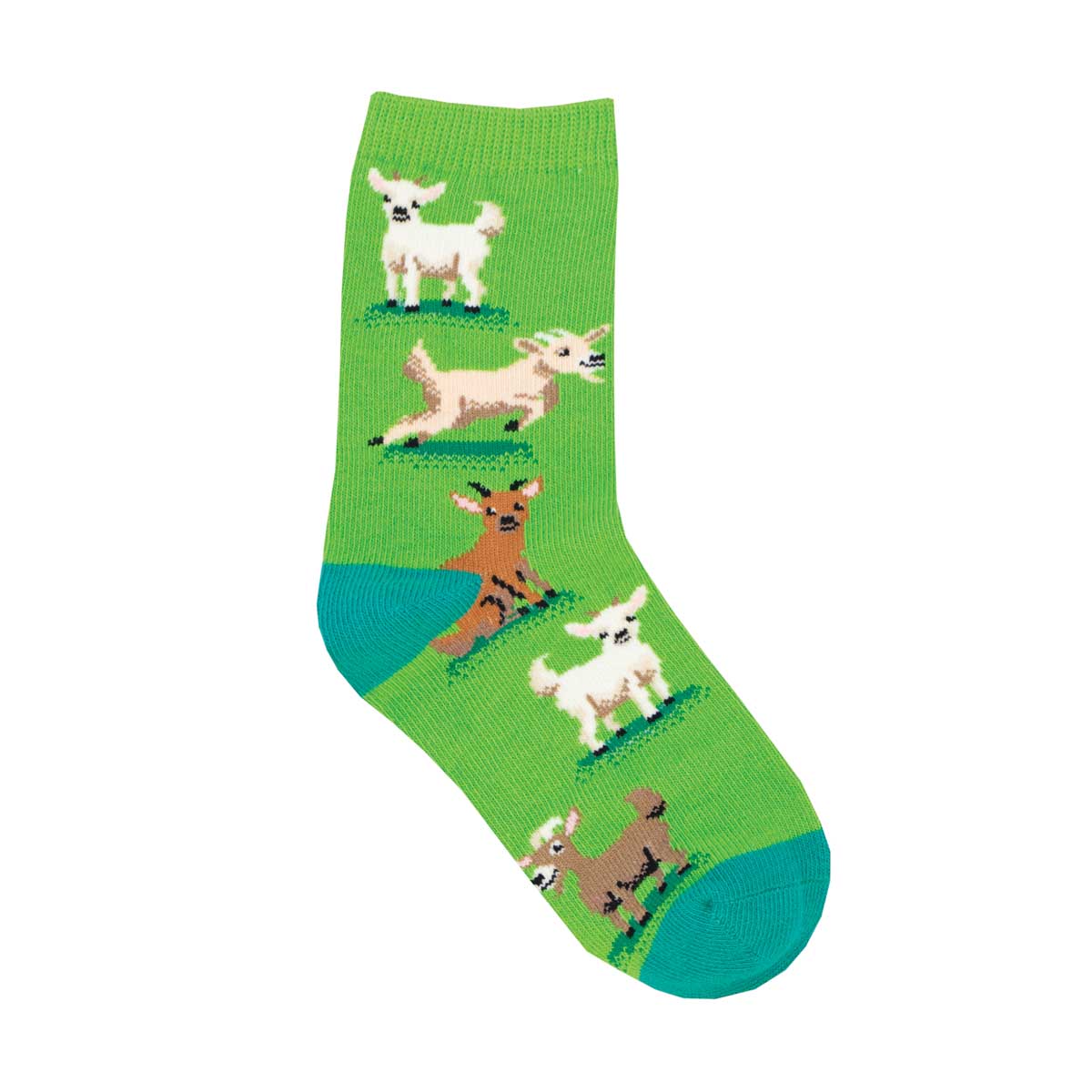 A pair of green crew socks with a pattern of baby goats in various colors such as white, beige, and brown.
