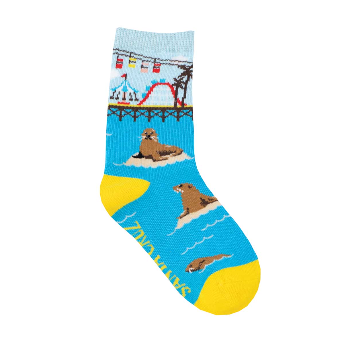 Children's crew socks with a design featuring sea lions and the Santa Cruz boardwalk.