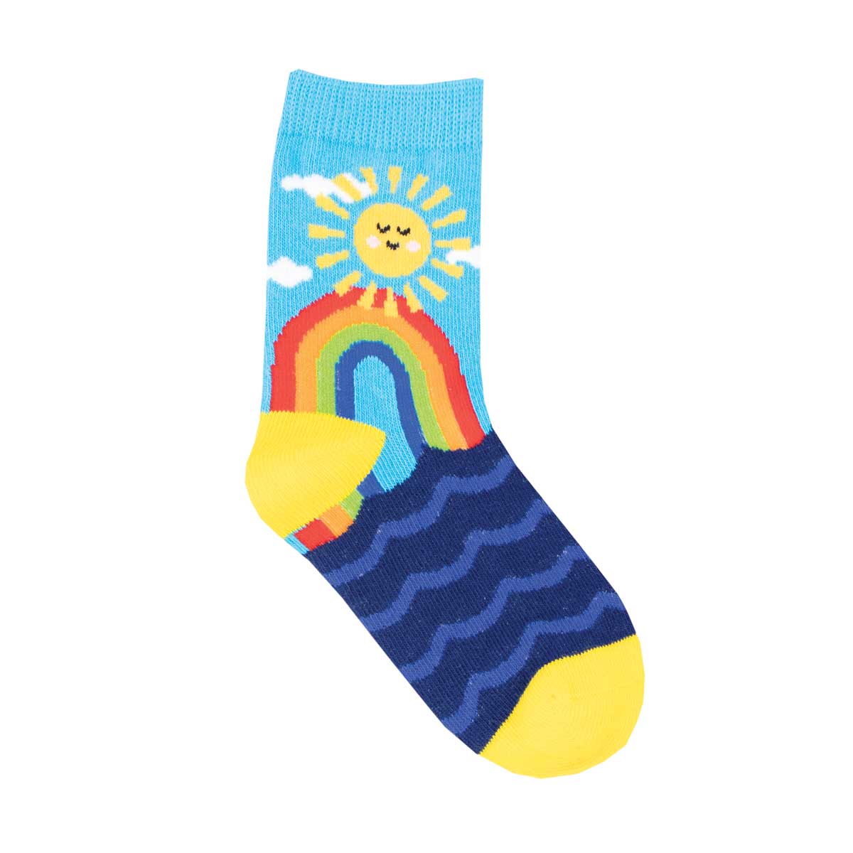 A pair of colorful children's socks with a design featuring a sun, rainbow, clouds, and waves.