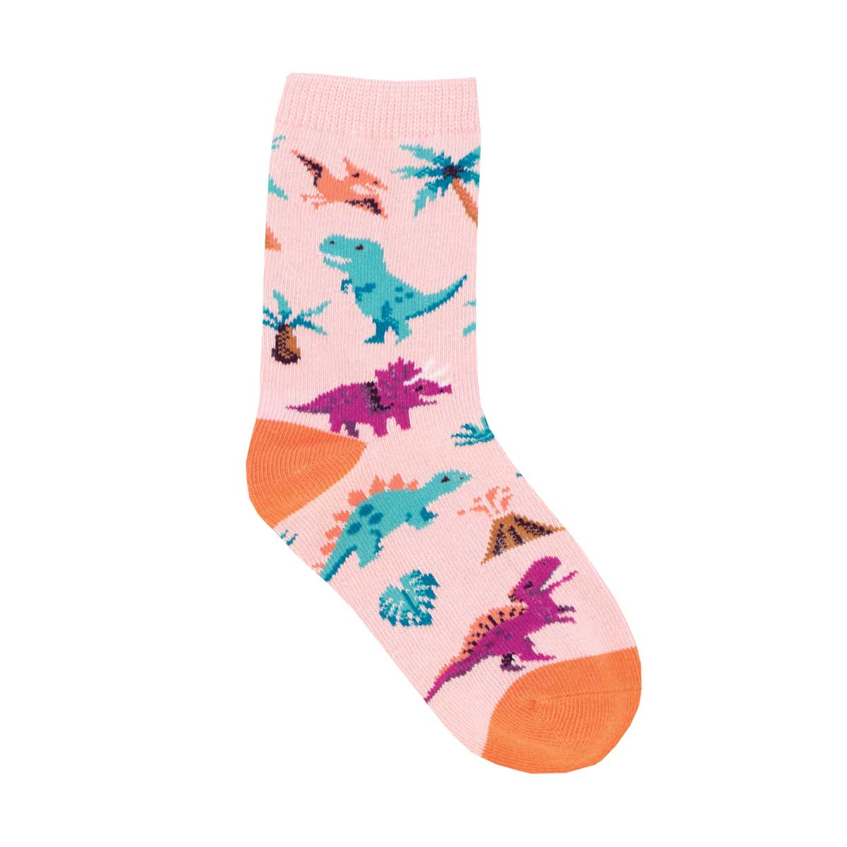 A colorful pair of children's socks featuring various dinosaurs and a pink background with orange at the heel and toe.