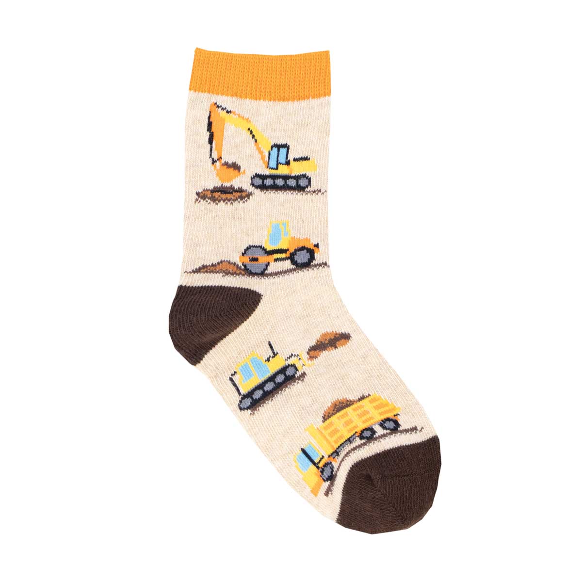 A pair of kids' socks with a construction theme, including images of bulldozers and other construction vehicles in brown, white, and yellow colors.