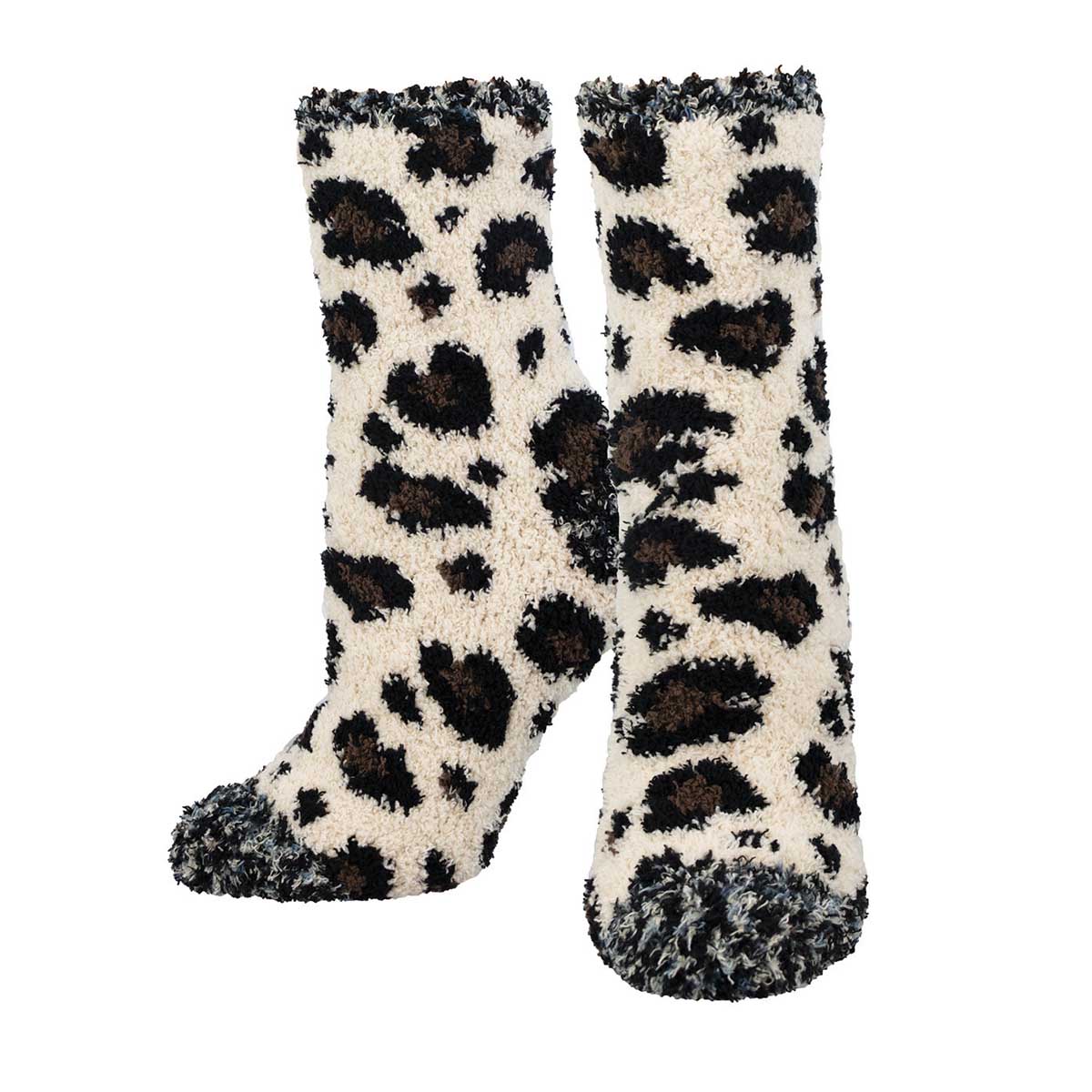 A pair of brown and white leopard print fuzzy socks.