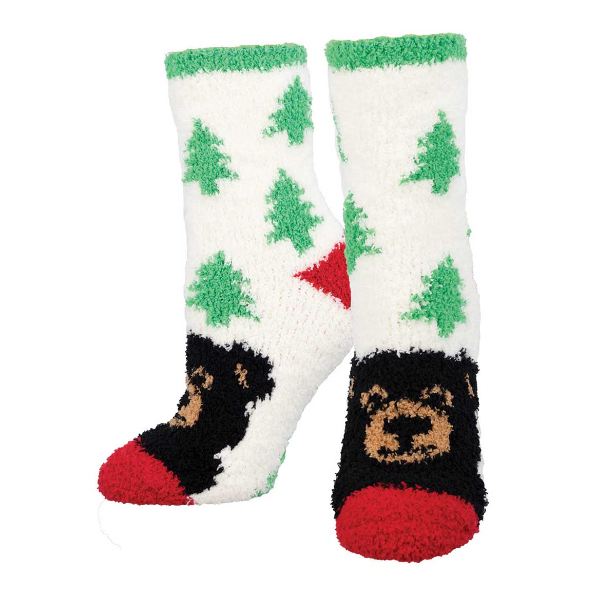 A pair of green fuzzy socks with a bear and tree pattern and a bear face on the ankle area.