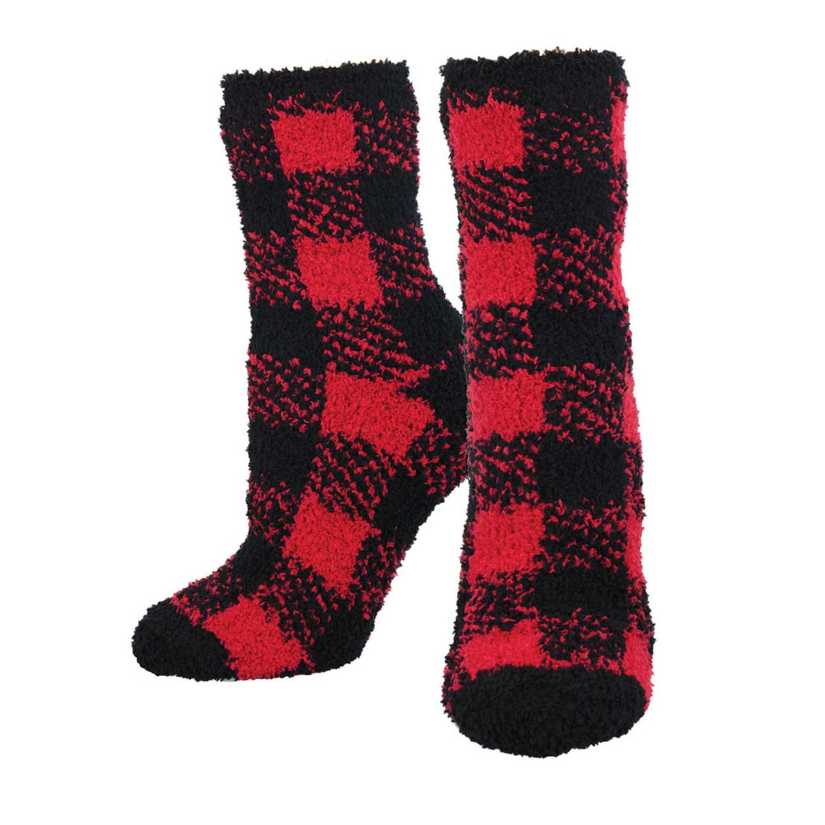 A pair of black and red plaid patterned fuzzy socks.