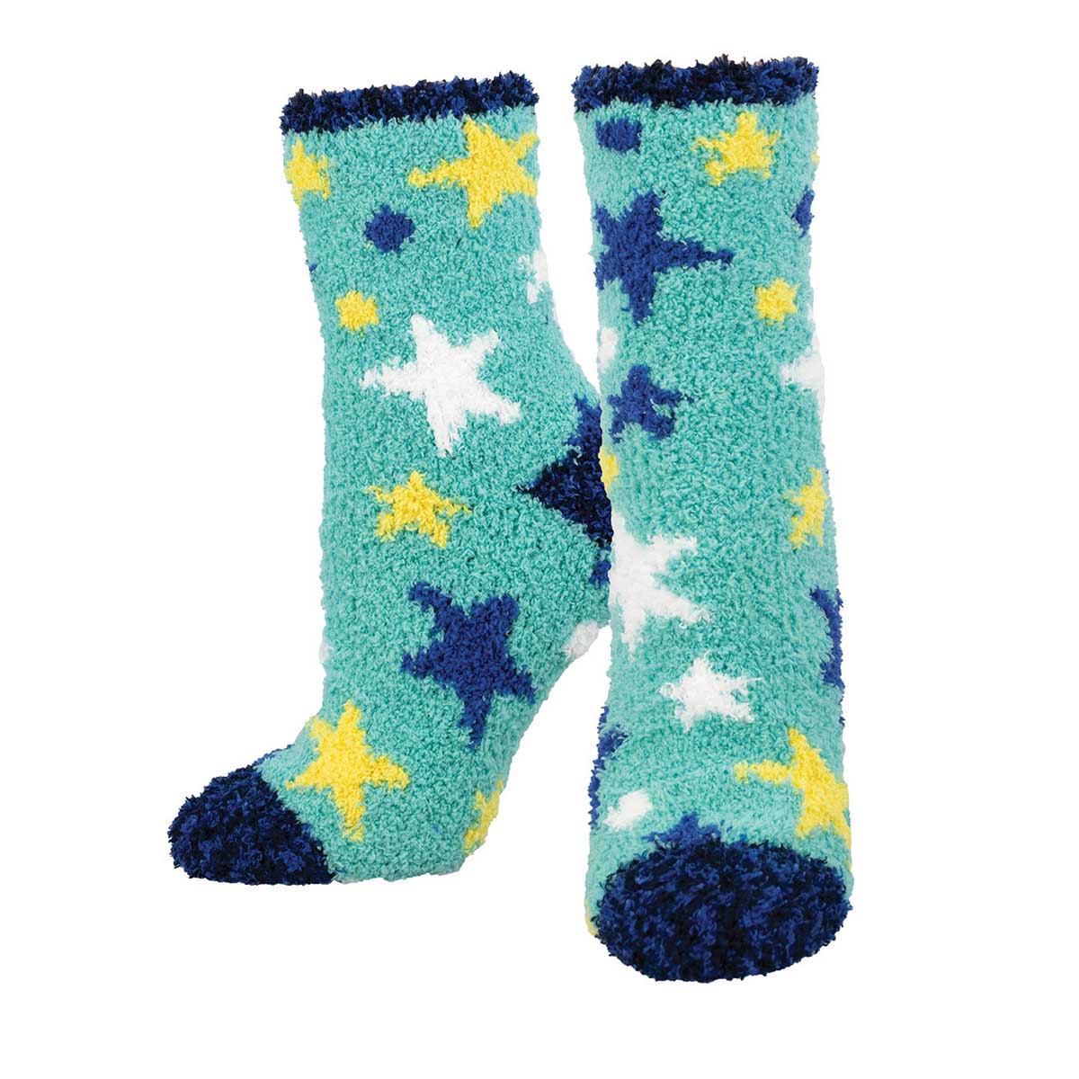 A pair of fuzzy socks with a star pattern in blue, green, and yellow colors.