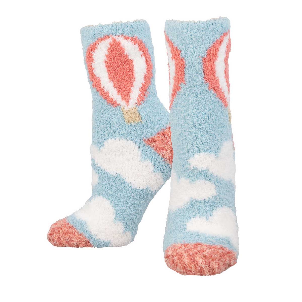 A pair of fuzzy socks with a hot air balloon design in blue, white, and pink colors.