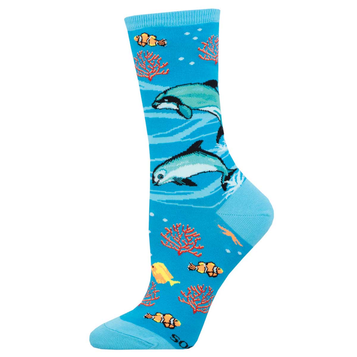 A pair of blue crew socks with a pattern featuring dolphins and marine life.