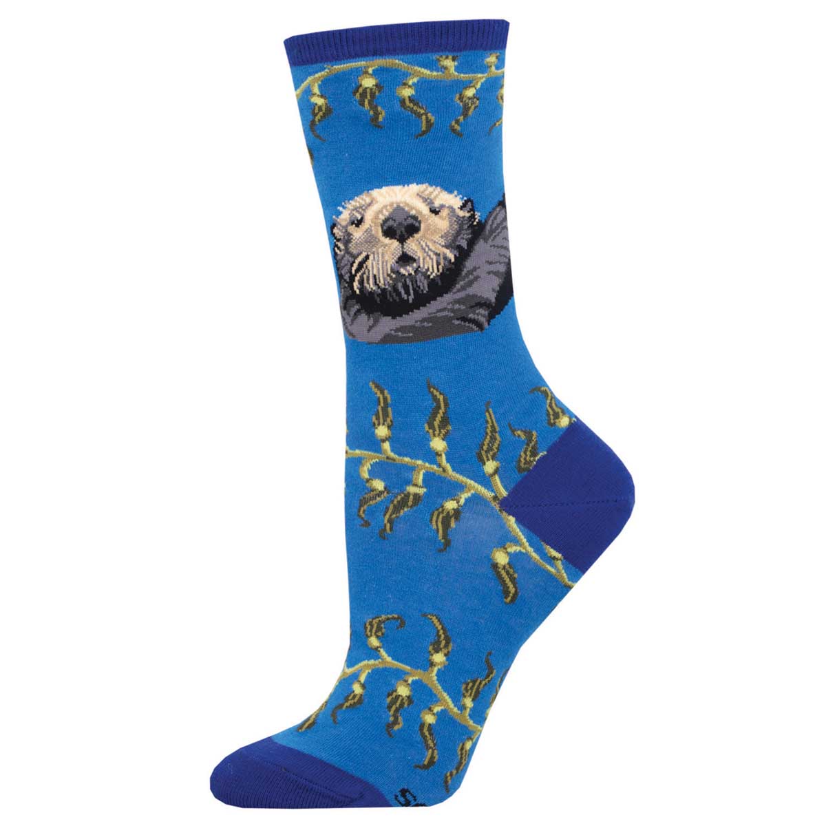 A pair of blue crew socks with a sea otter design and seaweed patterns throughout.