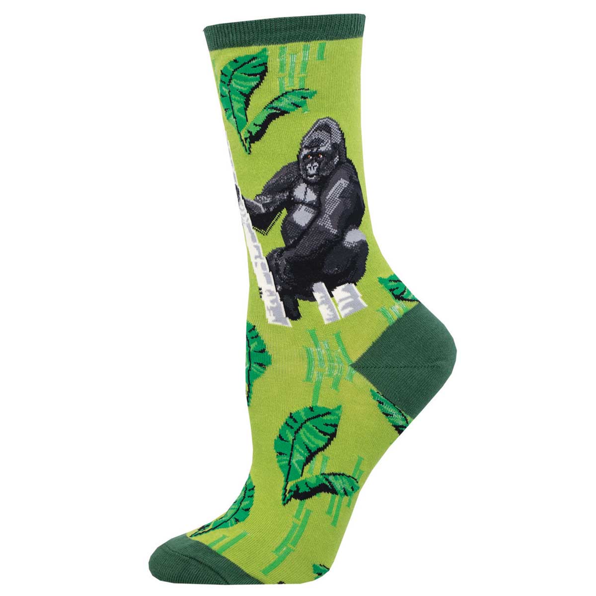 A green crew sock featuring an illustration of a gorilla with leaves around.