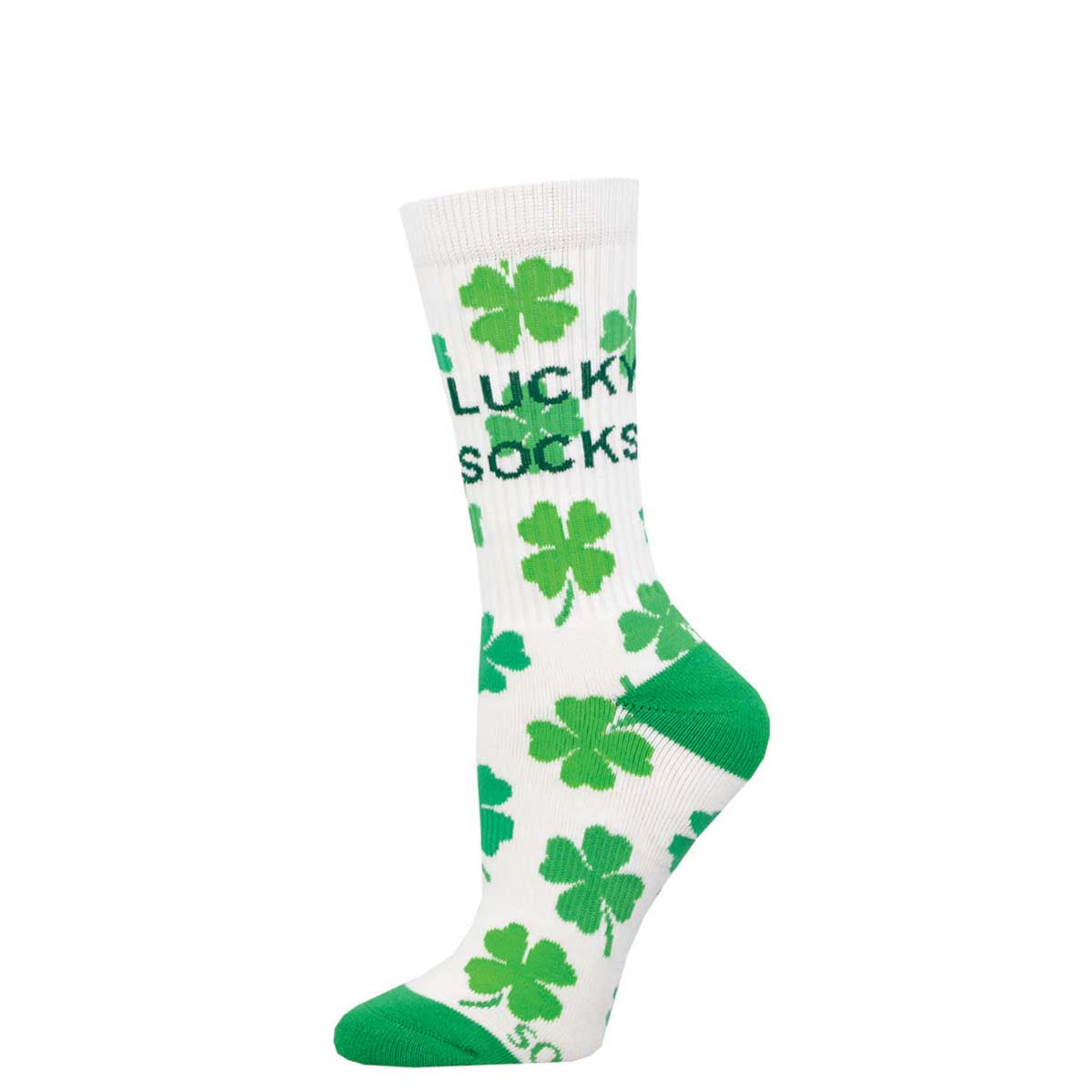 A pair of white crew socks with green clover leaves and the text 'LUCKY SOCKS' displayed prominently.