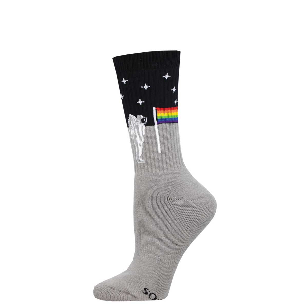 A pair of socks with a space-themed design featuring an astronaut and the LGBT pride flag.