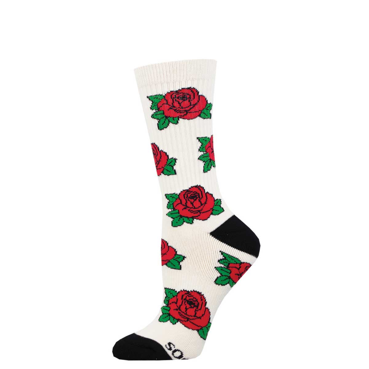A pair of white crew socks with a pattern of red roses and green leaves.