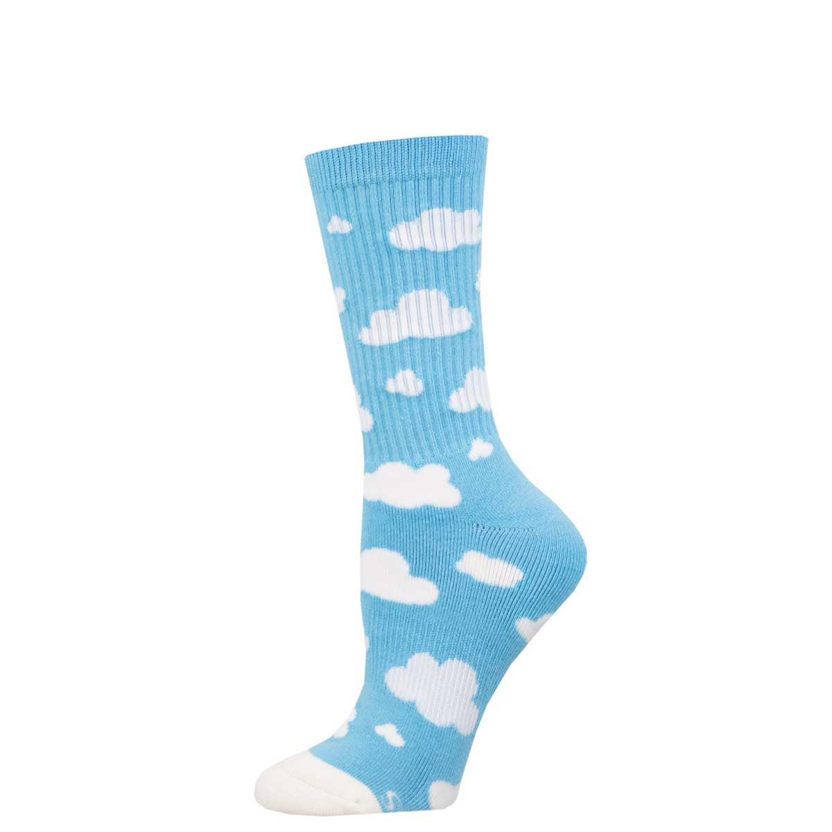 A pair of blue athletic crew socks with a cloud pattern