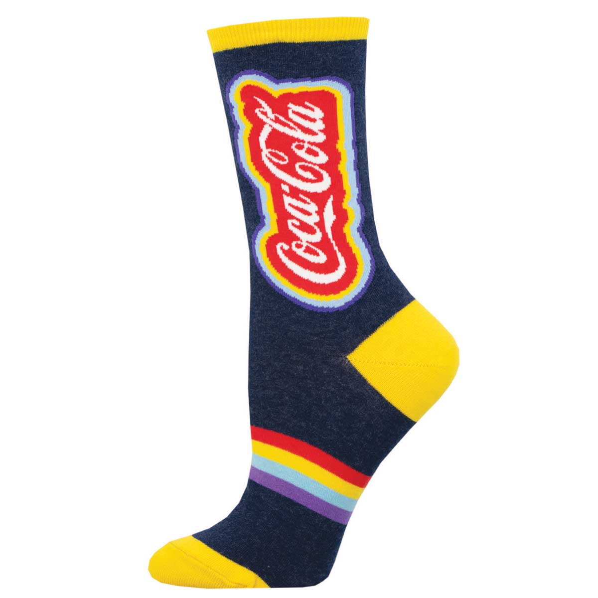 A pair of colorful crew socks with the Coca-Cola logo and a rainbow design on them.