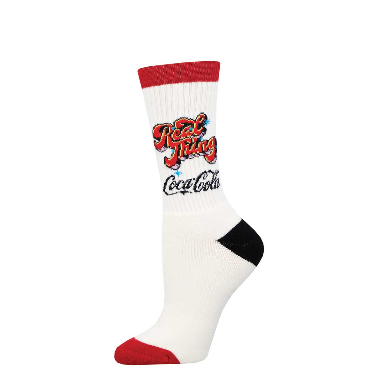 A pair of white crew socks with red and black accents, featuring the text 'Real Thing Coca-Cola' on the side.