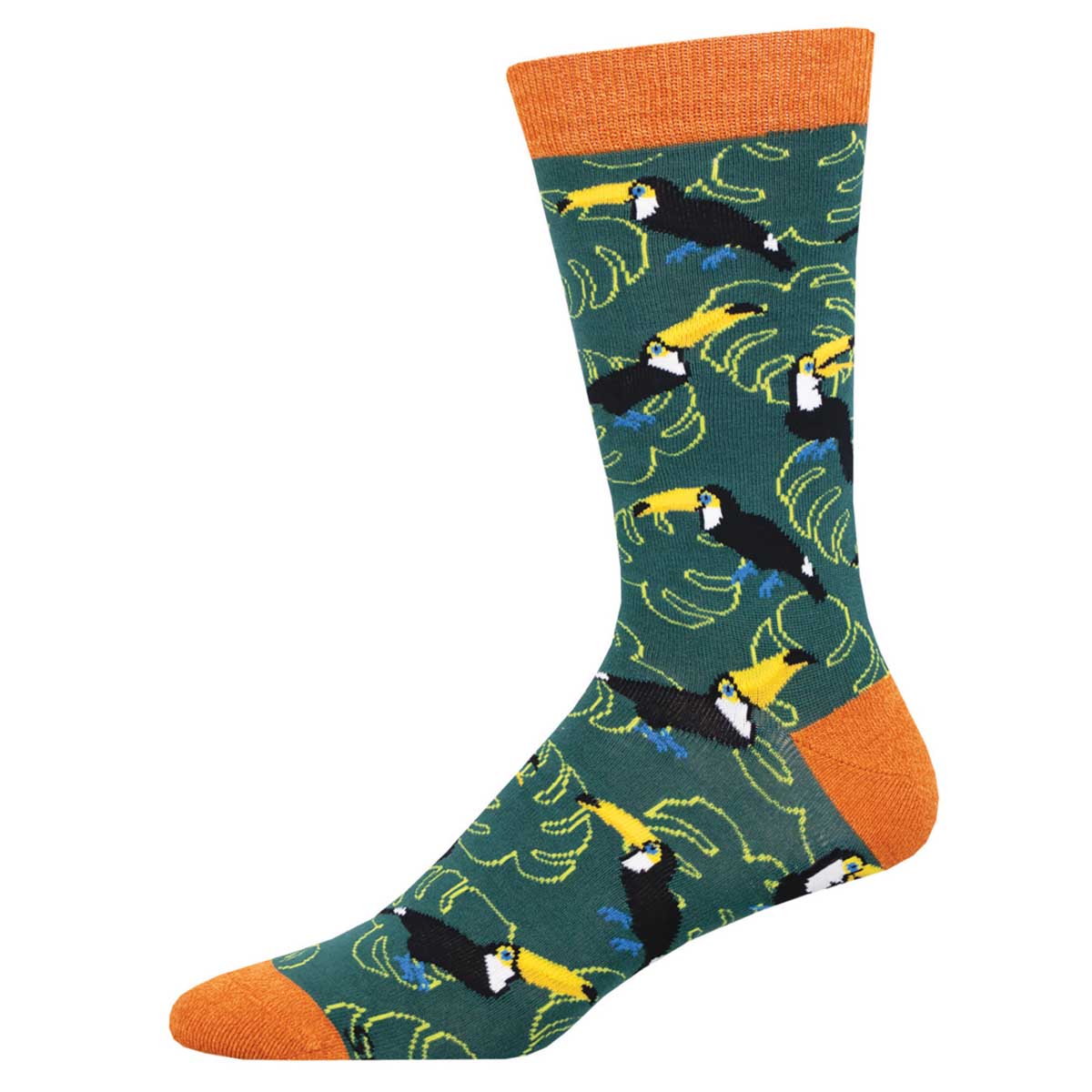 A pair of colorful socks featuring a pattern with toucans and leaves on a green background with orange at the toe and cuff.