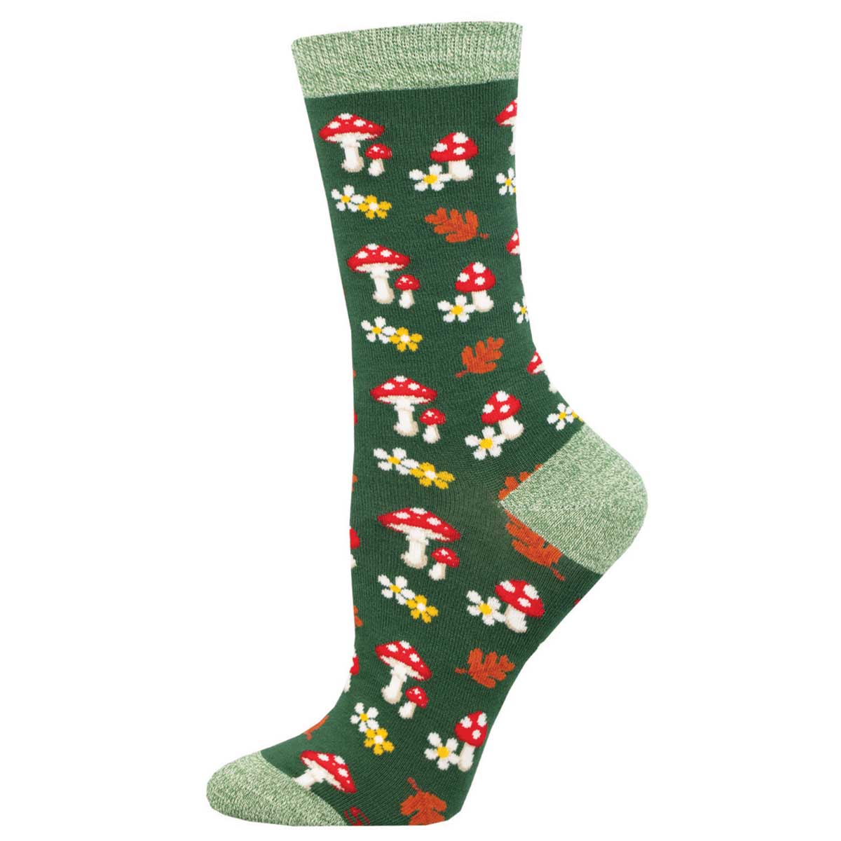 A forest green sock with a pattern of red and white mushrooms and light green accents on the heel, toe, and cuffs.