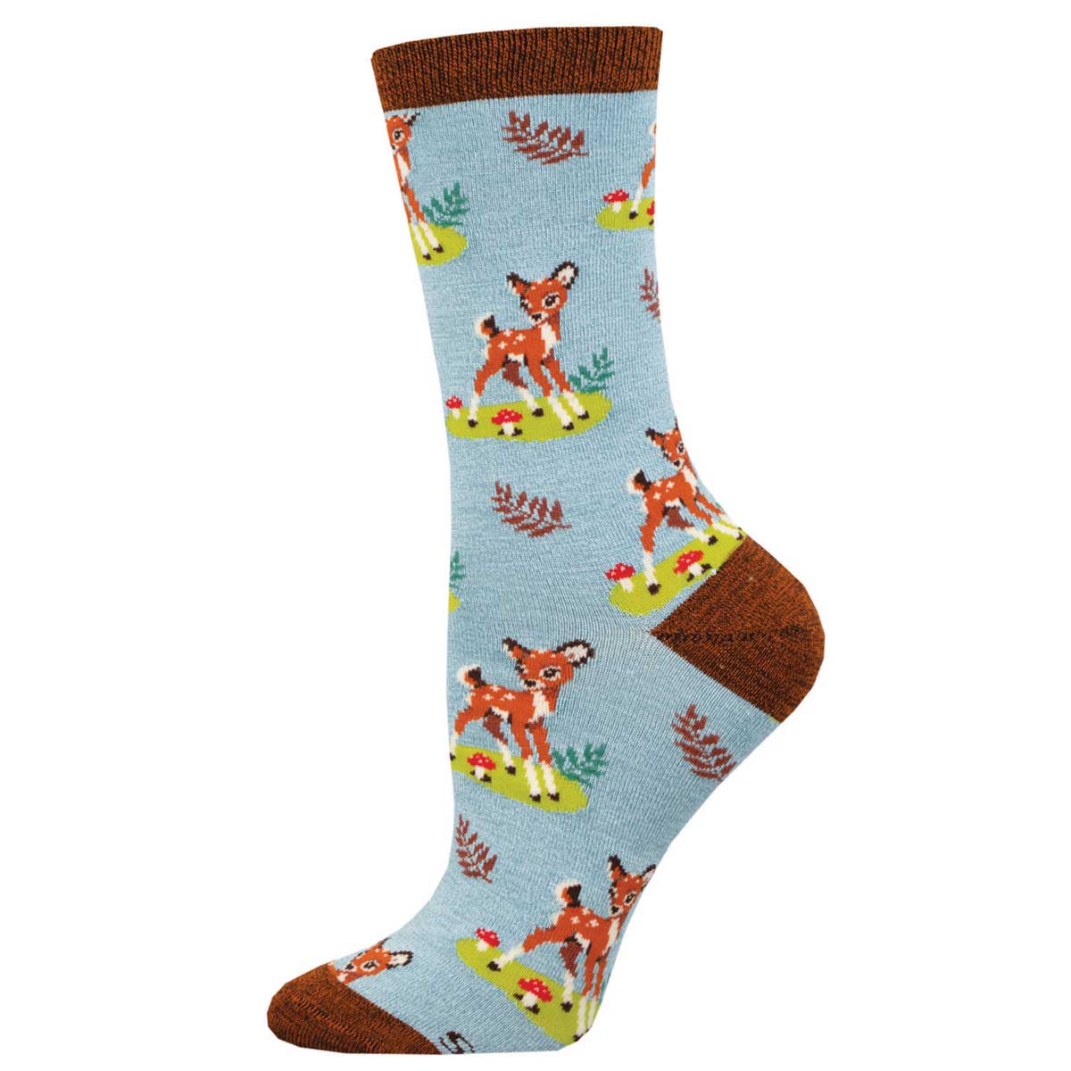 A pair of blue bamboo socks with a pattern of deer and leaves.