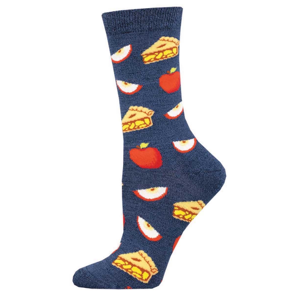 A pair of navy blue socks with a pattern of apple slices and apple pies.