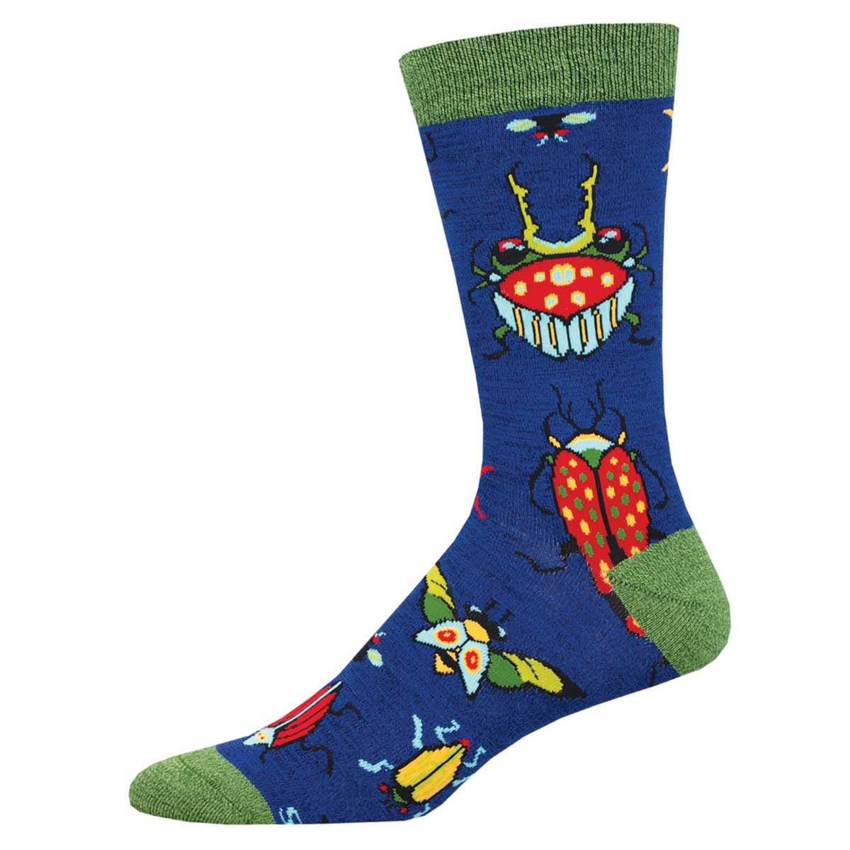 A colorful pair of men's bamboo socks with a pattern of various insects on a blue background.
