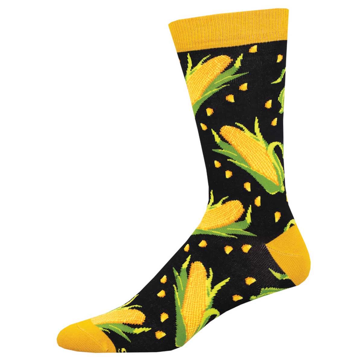 A pair of socks with a corn design, predominantly black with yellow and green accents, resembling the appearance of ripe corn on the cob.