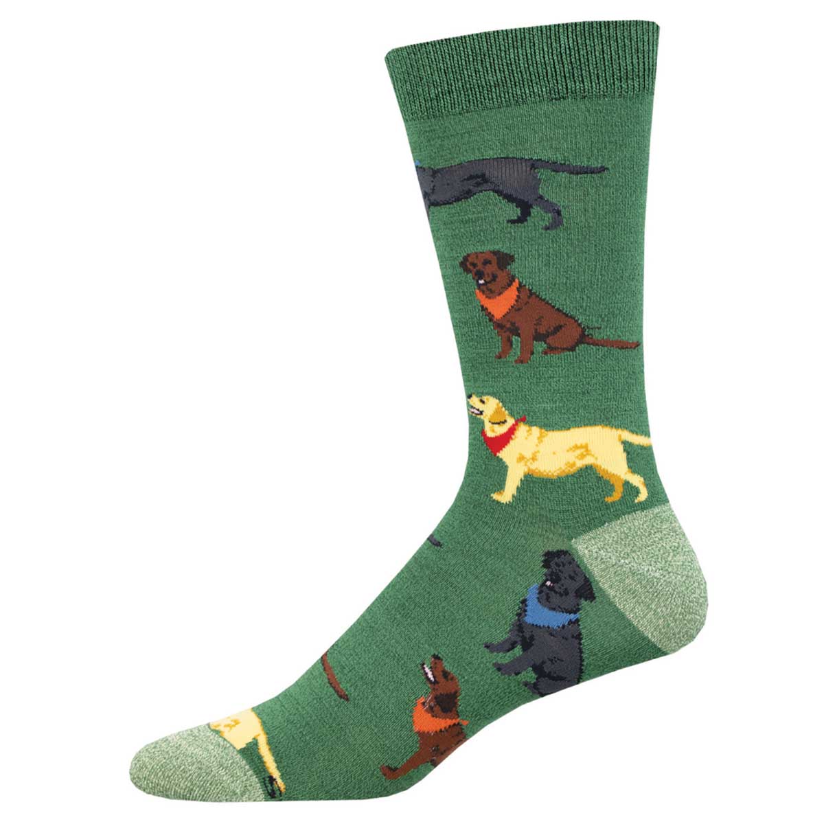 A pair of green bamboo socks with an pattern of multiple labradors in various colors and poses.