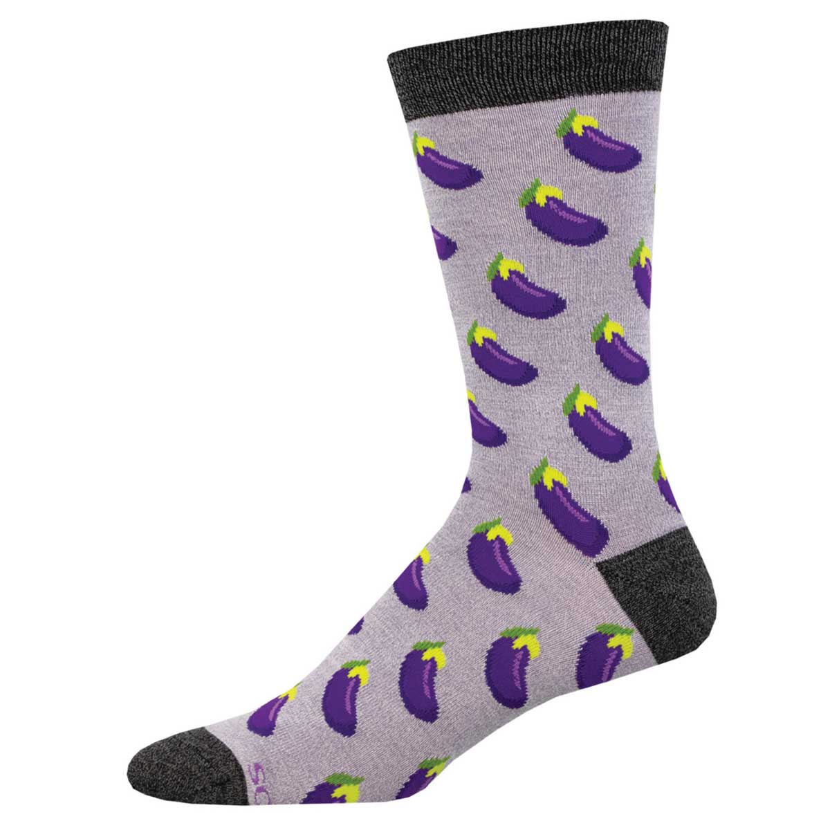 A pair of purple bamboo socks with a pattern of eggplants, displayed against a lavender background.