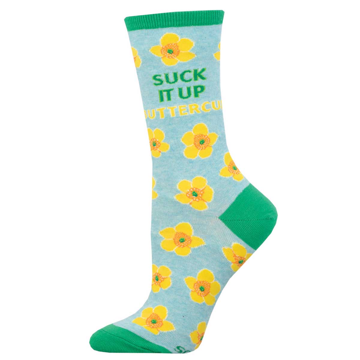 A pair of green and blue cotton crew socks with a floral pattern and the text 'SUCK IT UP BUTTERCUP' on the ankle area.