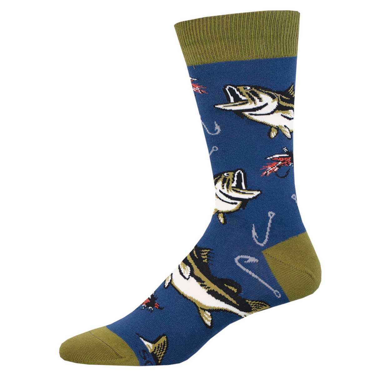 A pair of blue cotton crew socks with a pattern of a bass jumping out of the water with fly's, lures, and fishing hooks scattered throughout.