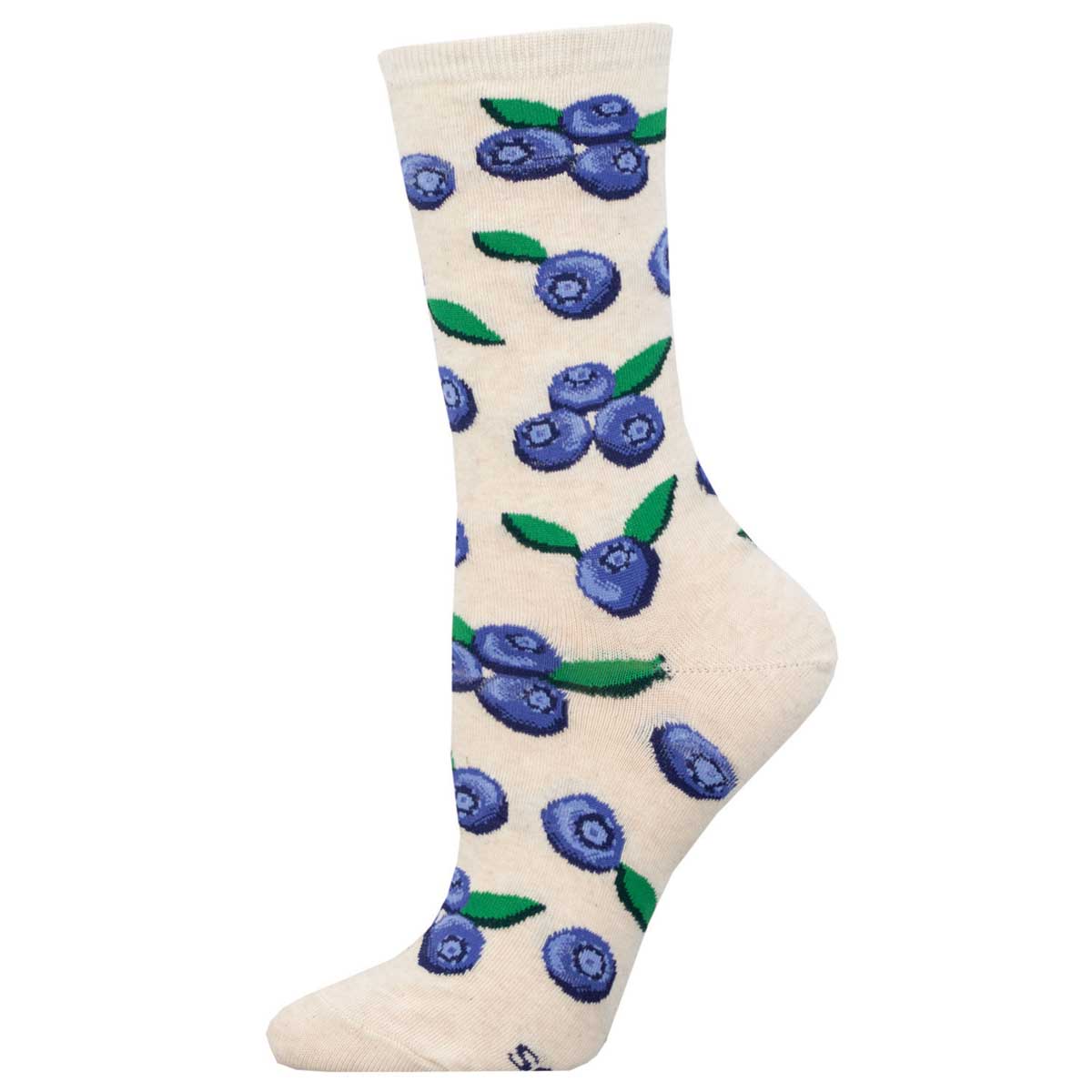 A white cotton crew sock with a pattern of blueberries and green leaves.