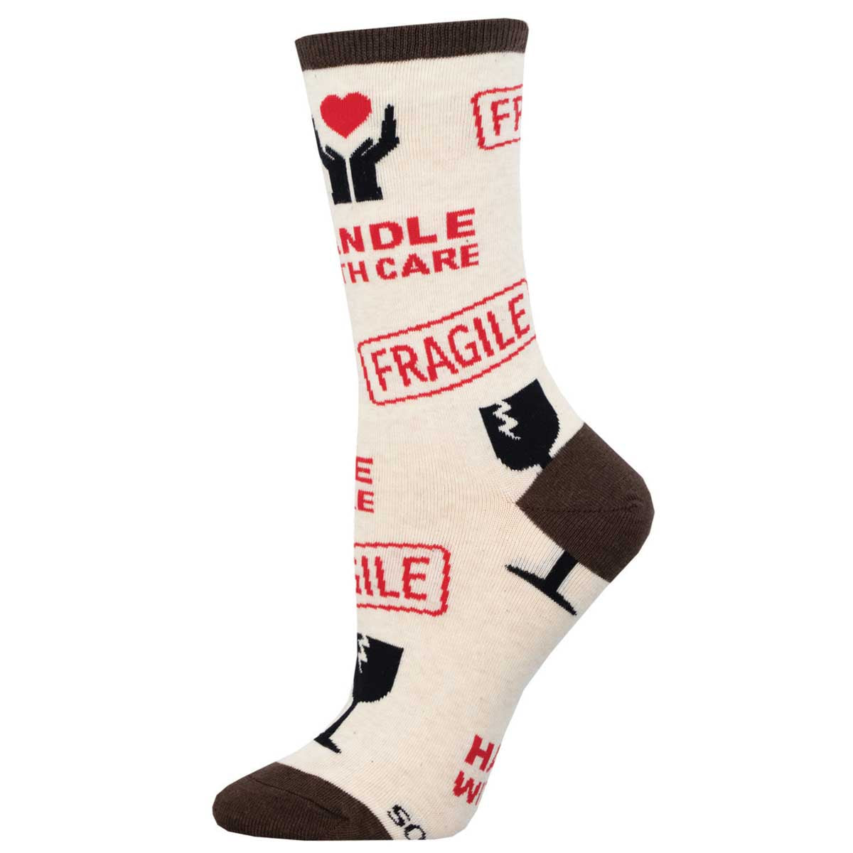 A pair of ivory cotton crew socks with text and graphics saying 'FRAGILE' and 'HANDLE WITH CARE' in red and brown colors.