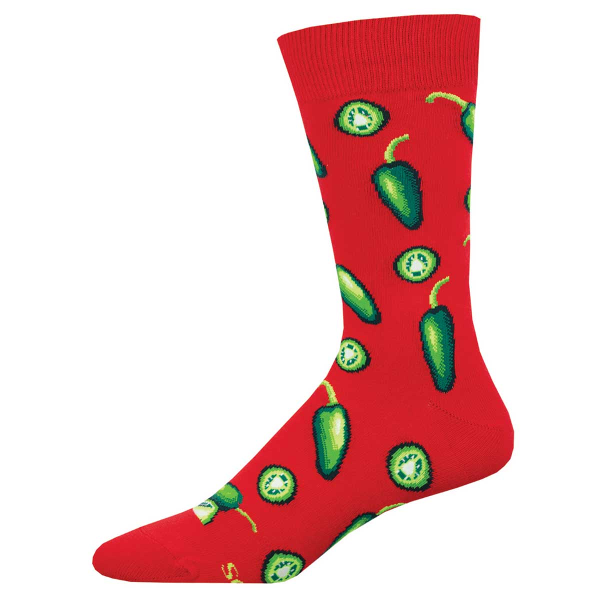 A red crew sock with green jalapeño patterns.