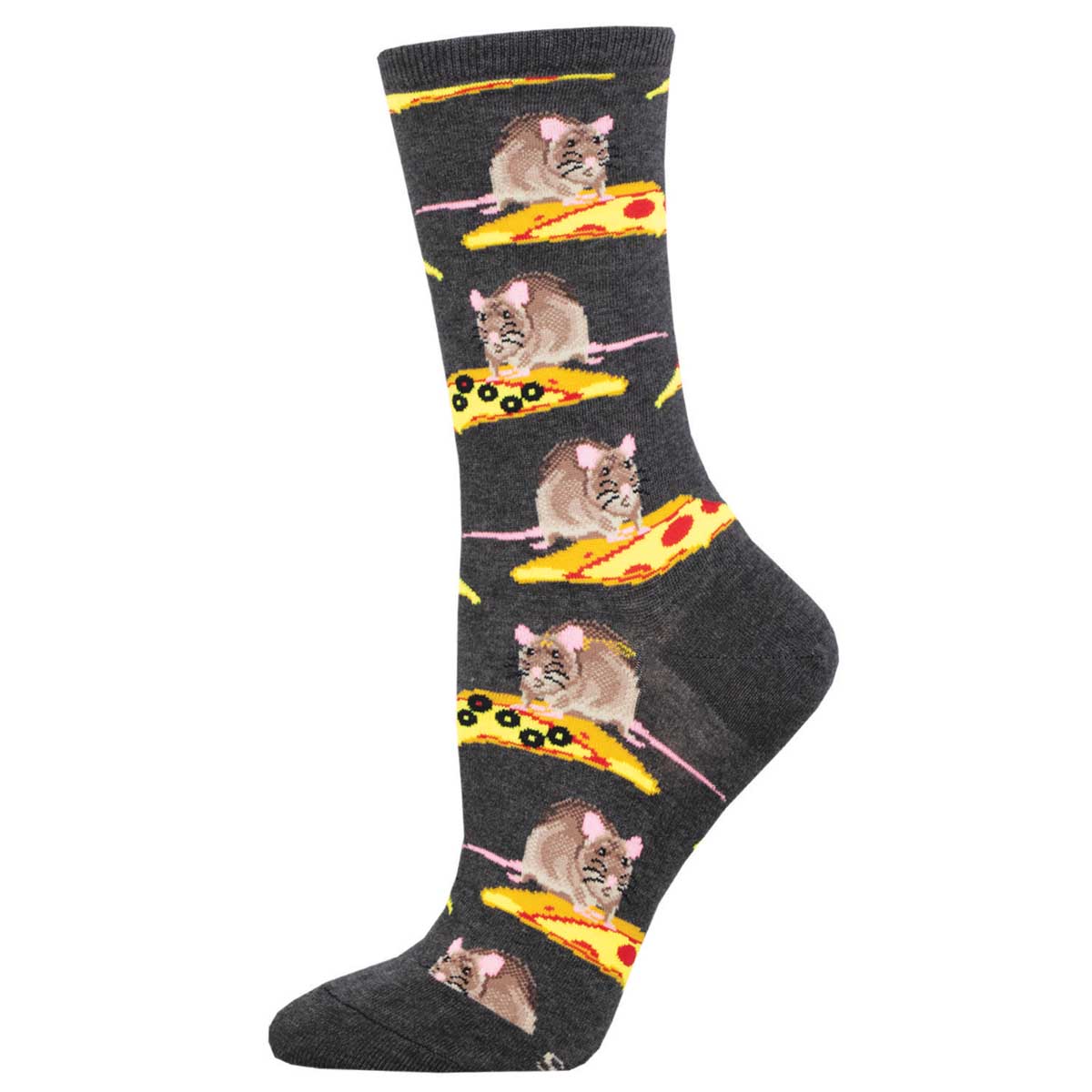 A pair of women's socks with a pattern of rats on pizza slices against a dark background.