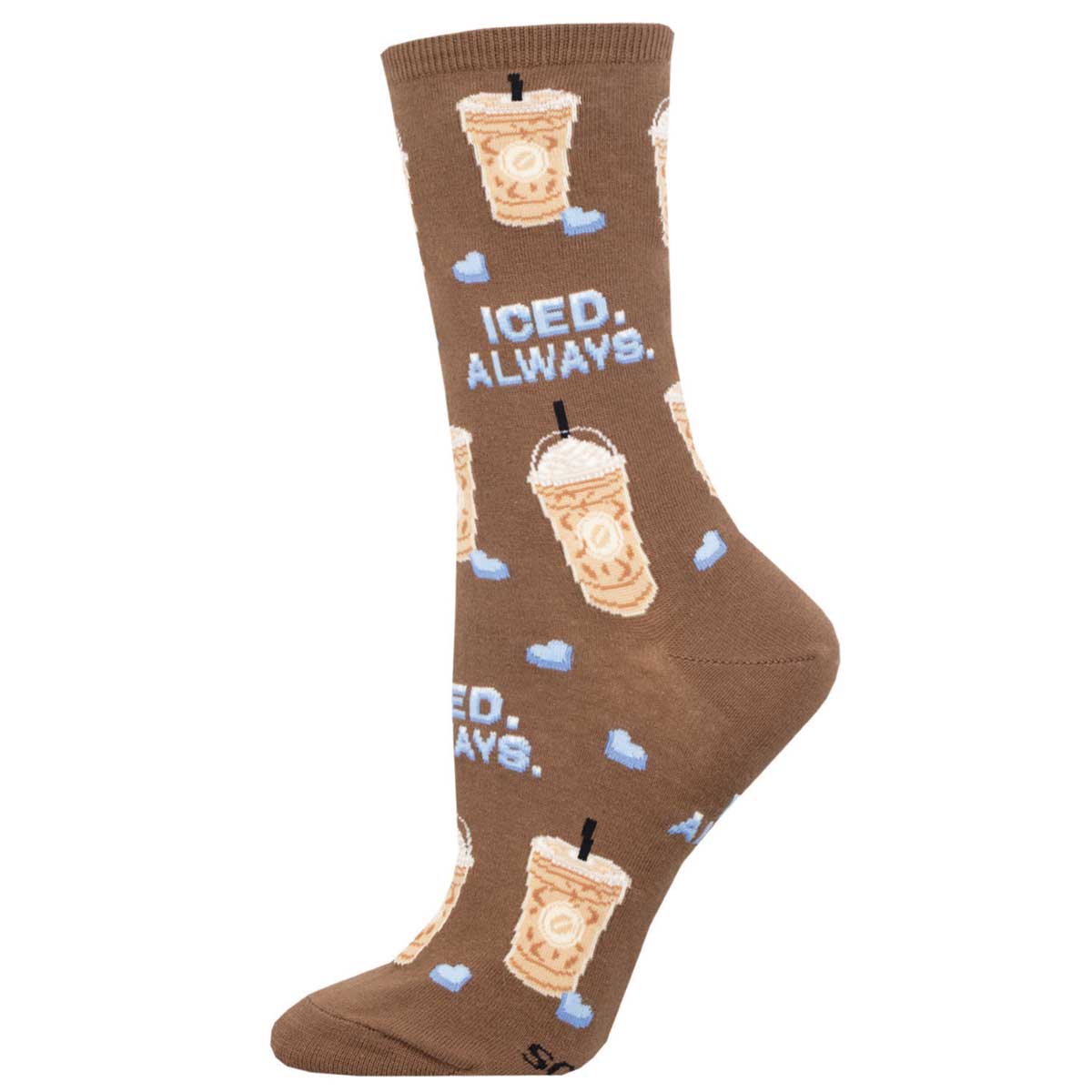A pair of brown novelty cotton socks with a pattern of iced coffee and iced cubes in the shape of hearts with the phrase 'ICED ALWAYS' printed on them.