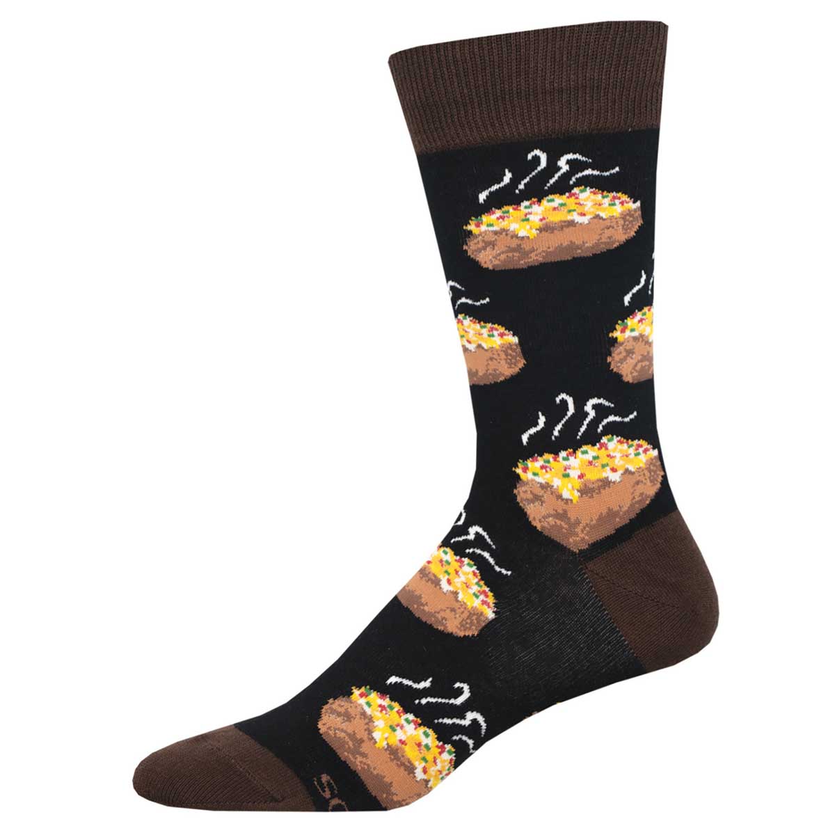 A pair of black cotton crew socks with a pattern of baked potatoes with toppings, such as sour cream and chives.