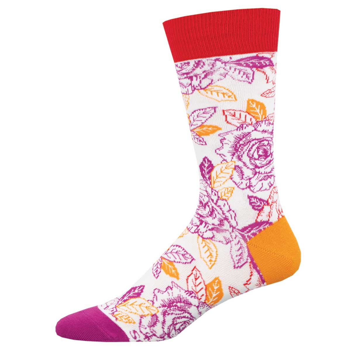 A pair of colorful socks with a floral pattern in shades of pink, orange, and red.