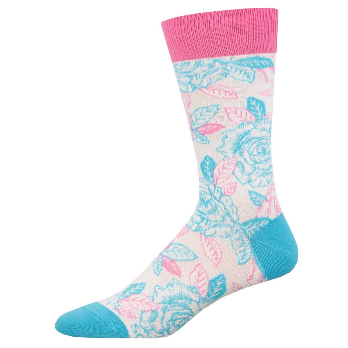 A pair of colorful socks with a floral pattern, predominantly pink and blue, designed for men.