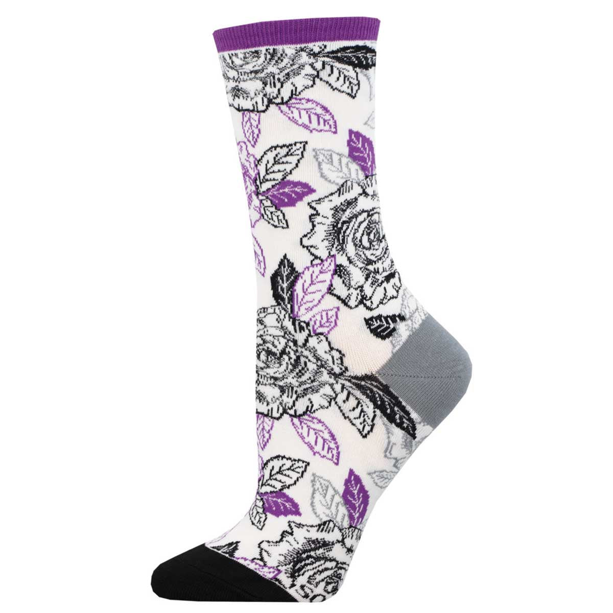 A pair of gray crew socks with a floral pattern in black and purple accents, displayed in a standing position with the heel towards the bottom.