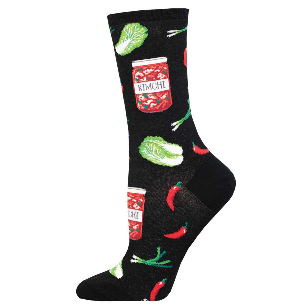 A pair of black cotton crew socks with a pattern of kimchi jars, leafy vegetables, and chili peppers.