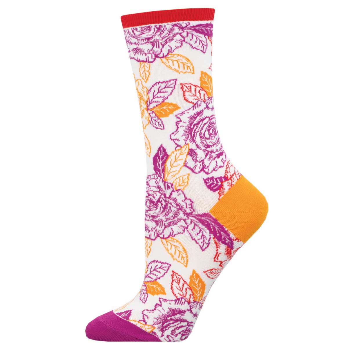 A pair of colorful socks with a floral pattern, predominantly featuring roses, in shades of pink, orange, and purple.